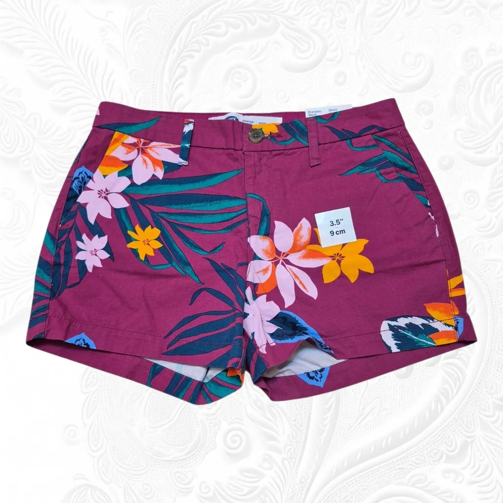 NWT Old Navy Everyday Chino Shorts in Burgundy Tropical Floral, Sz 0 Waist 28 - Picture 2 of 5